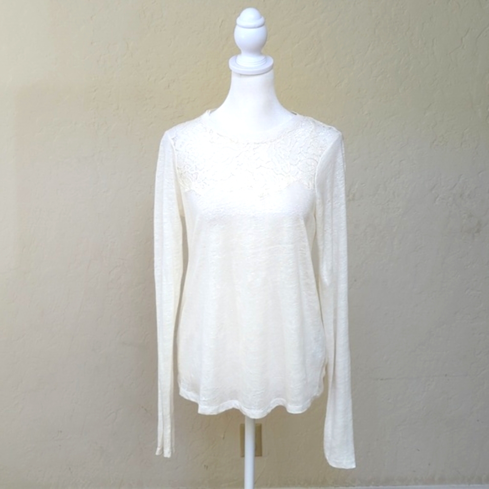 Zara Ivory Lace Lightweight 100% Linen Long Sleeve Pullover Size Small